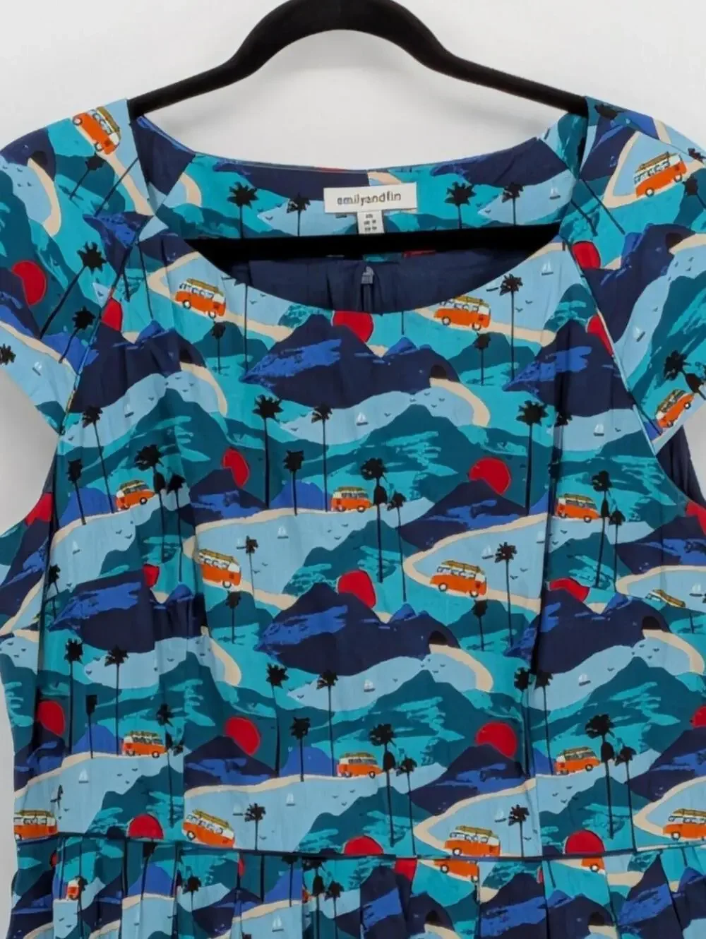 Emily & Fin XL Blue Orange Lucy Road Trippin Tropical Camper Cotton Dress - Picture 3 of 11